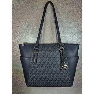 MICHAEL KORS Charlotte Large Top Zip Tote Admiral Navy Monogram Bag NWOT